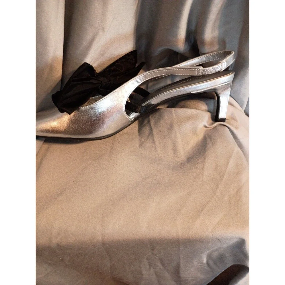 Karl Lagerfeld Sky Lynn Silver Slingback Pumps Removable Crystal Embellished Bow